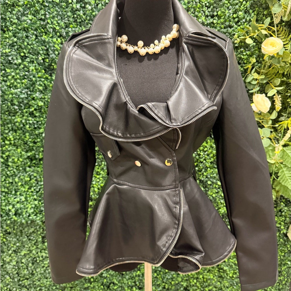 Black Peplum Faux Leather Jacket - Women